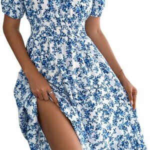 Women's Floral Polyester Dress Medium Off-Shoulder Puff Sleeve Ruffled Hem Summe